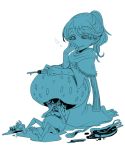  1girl bandages barefoot blood bloodborne capelet celestial_emissary heart iosefka monochrome murai_shinobu ponytail scalpel scissors sitting smile syringe vial 