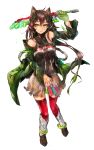  1girl absurdres bangs belt blade brown_hair cloak detached_sleeves gradient_hair green_eyes highres jewelry long_hair looking_to_the_side multicolored_hair necklace original red_legwear shiratan simple_background skirt slime solo thigh-highs weapon white_background 