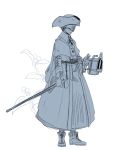  1girl bloodborne blowtorch boots cane covered_eyes hat monochrome murai_shinobu solo yurie_the_last_scholar 