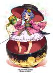  1girl barefoot blue_hair bowl character_name commentary_request english floral_print flower hair_flower hair_ornament hat in_bowl in_container japanese_clothes kimono long_sleeves miracle_mallet needle obi one_eye_closed open_mouth pink_eyes sash smile solo sukuna_shinmyoumaru touhou umigarasu_(kitsune1963) wide_sleeves 