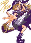  1girl blonde_hair bow braid broom broom_riding dated grin hair_bow hat highres kirisame_marisa long_hair sketch smile solo the_maa touhou witch_hat yellow_eyes 