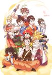  armor black_hair blue_eyes brown_eyes cape child dated dougi dragon_ball dragon_ball_(object) dragon_ball_z earrings food glasses gloves great_saiyaman halo hat highres jewelry knife meat multiple_persona necktie potara_earrings scar signature son_gohan sunglasses super_saiyan white_gloves xiogun younger 