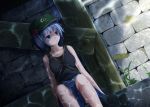  1girl adapted_costume bare_arms bare_shoulders blue_eyes blue_hair collarbone hair_bobbles hair_ornament hat kawashiro_nitori key pokio reflection shirt sitting skirt sleeveless sleeveless_shirt solo strap_cleavage touhou twintails wall water 