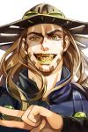  1boy apple972 beard brown_hair cape facial_hair green_lipstick grinning gyro_zeppeli highres jojo_no_kimyou_na_bouken lipstick long_hair makeup solo steel_ball_run 