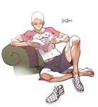  1boy bald casual checkered full_body male_focus onepunch_man pigeon666 raglan_sleeves reading reclining saitama_(onepunch_man) shoes shorts single_shoe sitting sneakers solo t-shirt toes toned 