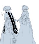  ... 2girls bloodborne capelet clothes_grab cross-laced_clothes gloves hat iosefka long_hair monochrome multiple_girls murai_shinobu open_mouth ponytail skirt smile spoken_ellipsis yurie_the_last_scholar 