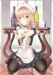  1girl black_hair blonde_hair blush green_eyes hands_together highres long_hair looking_at_viewer maid_headdress original sitting solo table thigh-highs throtem wariza wine_bottle 