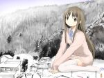  1girl between_legs blush bowtie brown_eyes brown_hair eraser giantess hand_between_legs hinata-bokko_(sanpo_fuumi) house long_hair monochrome_background nature pencil pullover scissors shirt sitting smile thigh-highs wariza white_legwear 