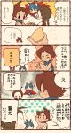  1boy 1girl amano_yukiko_(youkai_watch) blue_cape blush braid brown_hair cape cat chiyoko_(oman1229) comic cookie fang food fuyunyan keizou long_hair open_mouth red_cape scar speech_bubble sweat translation_request twin_braids youkai youkai_watch youkai_watch_2 