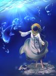  .flow 1girl barefoot bubble cable chitose_mame commentary diving_helmet dress fish gears helmet highres light_rays notebook oreko paper screw sunbeam sunlight underwater 