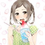  1girl braid brown_hair food fruit looking_at_viewer open_mouth original polka_dot shaved_ice strawberry twin_braids west_potato 