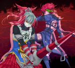  2girls accelgor amaco4 arm_strap bell bracelet escavalier gloves green_hair grey_hair grey_skin hair_ornament jewelry lance multicolored_hair personification pink_hair pink_skin pokemon polearm red_eyes spiked_bracelet spikes twitter_username weapon yellow_sclera 