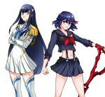  2girls black_hair blue_eyes clenched_hand crossed_arms dress epaulettes junketsu kill_la_kill kiryuuin_satsuki long_hair matoi_ryuuko midriff multiple_girls navel saran school_uniform senketsu serafuku short_hair suspenders thigh-highs weapon 