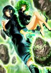  2girls aura back-to-back black_dress black_hair crossed_arms curly_hair dress floating_rocks fubuki_(onepunch_man) green_eyes green_hair height_difference multiple_girls no_panties om_(om_yurikan) onepunch_man short_hair siblings sisters tatsumaki 