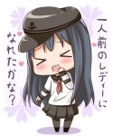  &gt;_&lt; 1girl :d akatsuki_(kantai_collection) anchor_symbol black_legwear black_skirt chibi commentary_request flat_cap hana_kazari hat heart highres kantai_collection long_sleeves open_mouth pleated_skirt remodel_(kantai_collection) skirt smile solo translation_request xd 