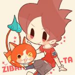  &gt;_o 1boy amano_keita arm_support blush boots brown_hair cat character_name chiyoko_(oman1229) fangs jibanyan multiple_tails notched_ear one_eye_closed open_mouth short_hair sitting smile star tail two_tails watch watch youkai youkai_watch youkai_watch_(object) 