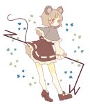  1girl ahoge animal_ears capelet daizu_(melon-lemon) dowsing_rod flower from_behind grey_hair hair_flower hair_ornament highres long_sleeves looking_back mouse_ears mouse_tail nazrin red_eyes short_hair skirt solo tail touhou 