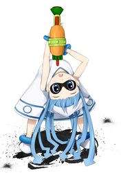  1girl blue_hair dress flexible hat highres ikamusume ink looking_at_viewer looking_back shinryaku!_ikamusume sleeveless sleeveless_dress solo splatoon squid_hat super_soaker takumin_(takumi415) tentacle_hair upside-down water_gun white_dress wristband 