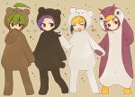  4boys :d ahoge animal_costume bear_costume bird blonde_hair blue_hair green_hair kotona_(k0t0kun) multicolored_hair multiple_boys open_mouth penguin penguin_costume purple_hair red_eyes redhead sakaki_yuuya smile sweatdrop two-tone_hair yugo_(yuu-gi-ou_arc-v) yuri_(yuu-gi-ou_arc-v) yuto_(yuu-gi-ou_arc-v) yuu-gi-ou yuu-gi-ou_arc-v 