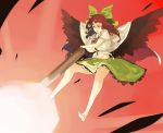  1girl arm_cannon barefoot bow breasts brown_hair hair_bow highres huge_breasts long_hair muneneko open_mouth red_eyes reiuji_utsuho skirt smile solo third_eye torn_clothes touhou weapon wings 