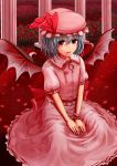 1girl ameto bat_wings blood blood_on_face bloody_clothes blue_hair fangs field flower flower_field frills hat hat_ribbon highres long_skirt looking_at_viewer mob_cap on_floor open_mouth petals puffy_sleeves red_eyes red_rose remilia_scarlet ribbon rose rose_petals sash shirt short_hair sitting skirt skirt_set solo touhou wings wrist_cuffs 