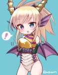  ! 1girl :o bangs blonde_hair blue_background blue_eyes blue_sonia_(p&amp;d) dragon_ears dragon_girl dragon_horns dragon_wings egg elbow_gloves fingerless_gloves gloves holding horns marshmallow_mille puzzle_&amp;_dragons scales simple_background solo sonia_(p&amp;d) spoken_exclamation_mark twitter_username vambraces violet_eyes wings 