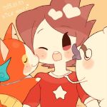  1boy amano_keita blush brown_hair cat cheek_kiss chiyoko_(oman1229) dated double_cheek_kiss english ghost heart jibanyan kiss kiss_day notched_ear one_eye_closed open_mouth purple_lips short_hair star whisper_(youkai_watch) youkai youkai_watch 