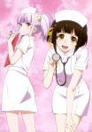  2girls absurdres brown_eyes brown_hair fujishiro_otone hair_ribbon highres leaning_forward looking_back mikagura_gakuen_kumikyoku multiple_girls nurse nyantype official_art open_mouth purple_hair ribbon short_hair stethoscope syringe teeth twintails violet_eyes yasaka_himi 