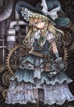  1girl artist_name belt black_gloves blonde_hair bow braid colored_pencil_(medium) dated gears gloves grey_eyes hair_bow hat kirisame_marisa long_hair machinery mosho pipes puffy_short_sleeves puffy_sleeves short_sleeves single_braid smile solo star steampunk touhou traditional_media very_long_hair watercolor_(medium) witch_hat wrench 