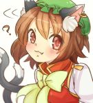 1girl :3 ? animal_ears brown_eyes brown_hair cat_ears cat_tail chen commentary_request fang green_hat ibarashiro_natou jewelry looking_at_viewer mob_cap multiple_tails nekomata short_hair single_earring solo tail touhou two_tails 