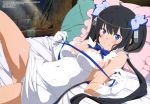  1girl absurdres artist_request black_hair blue_eyes blush breasts broom cleavage covered_navel dress dungeon_ni_deai_wo_motomeru_no_wa_machigatteiru_darou_ka gloves hair_ornament hestia_(danmachi) highres indoors large_breasts leg_up lying on_bed panties rei_no_himo scan short_dress smile solo sunlight underwear white_dress white_gloves white_panties 