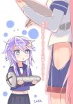  2girls akashi_(kantai_collection) artist_name blue_eyes blush crescent_hair_ornament hair_ornament head_out_of_frame hip_vent kantai_collection long_hair long_sleeves looking_up multiple_girls open_mouth out_of_frame oversized_object pen pink_hair purple_hair school_uniform screw sensen serafuku short_hair short_hair_with_long_locks skirt translation_request yayoi_(kantai_collection) 