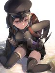  1girl akitsu_maru_(kantai_collection) backpack bag black_hair brown_eyes cape gloves hat kantai_collection katana looking_at_viewer riku_(wana) short_hair solo sword thigh-highs weapon 