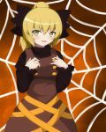  blonde_hair bow commentary_request hair_bow highres kurodani_yamame seo_haruto spider_web_background touhou yellow_eyes 