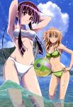  2girls absurdres amami_hibiki bikini black_hair blonde_hair breasts brown_eyes cleavage clouds green_eyes hand_on_hip highres inoue_narumi_(re-kan!) legs multiple_girls nyantype ocean official_art re-kan! sky smile swimsuit twintails under_boob water wet 