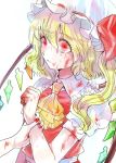  1girl ass blonde_hair blood blood_on_face bloody_clothes bloody_hands crying dress flandre_scarlet hat hat_ribbon highres mob_cap puffy_sleeves red_dress red_eyes ribbon rosette_(roze-ko) sash shirt side_ponytail tears touhou upper_body wings wrist_grab 