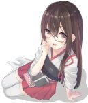  1girl akagi_(kantai_collection) bespectacled brown_hair glasses huuyu_1z japanese_clothes kantai_collection long_hair muneate open_mouth smile solo thigh-highs 