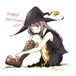  1girl \(^o^)/ artist_name bare_shoulders blush boots brown_eyes brown_hair dress english halloween halloween_costume hat hinata-bokko_(sanpo_fuumi) leg_hug long_hair looking_at_viewer original smile solo thigh-highs thigh_boots 