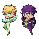  +_+ blonde_hair blue_eyes boots bubble caesar_anthonio_zeppeli chibi clacker facial_mark fingerless_gloves gloves headband jojo_no_kimyou_na_bouken joseph_joestar_(young) knee_pads outline purple_hair scarf takanashi_hinami tank_top winged_hair_ornament 