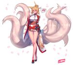  1girl animal_ears blonde_hair blush china_dress chinese_clothes commentary_request dragon_print folded_ponytail fox_ears fox_tail hair_ornament hair_stick jjune long_sleeves multiple_tails obi original sash solo spoken_blush tail wide_sleeves yellow_eyes 