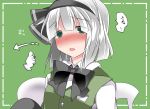  1girl blush collared_shirt commentary_request full-face_blush green_eyes hair_ribbon hairband hammer_(sunset_beach) konpaku_youmu konpaku_youmu_(ghost) ribbon shirt short_hair silver_hair sitting solo tongue touhou translated upper_body vest 