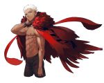  1boy akel archer brown_eyes cape dark_skin fate/stay_night fate_(series) feathers nipples shirtless solo white_hair 