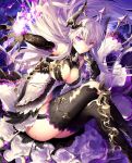  1girl breasts cleavage elbow_gloves fire garter_straps gloves horns light_smile long_hair nekonabe_ao official_art original silver_hair solo thigh-highs violet_eyes 
