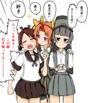  arare_(kantai_collection) blush brown_hair hair_ribbon hat kagerou_(kantai_collection) kantai_collection multiple_girls ponytail ribbon school_uniform serafuku shikinami_(kantai_collection) short_hair skirt sparkle translation_request twintails violet_eyes 