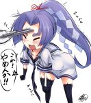  1girl artist_name black_gloves black_legwear blush closed_eyes eyebrows fan fang folding_fan gloves hair_ornament hair_ribbon hatsuharu_(kantai_collection) hikimayu kantai_collection long_hair open_mouth ponytail purple_hair ribbon sailor_dress sakura_inu school_uniform shide short_eyebrows signature thigh-highs translation_request very_long_hair violet_eyes white_background white_gloves 