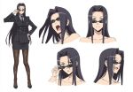  1girl adjusting_sunglasses black_hair collarbone facial_expressions formal grey_eyes hand_on_hip high_heels long_hair monster_musume_no_iru_nichijou ms._smith necktie official_art pantyhose side_slit simple_background smile solo suit sunglasses white_background 