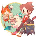  0_0 1boy amano_keita bat blush brown_hair cat cherry chiyoko_(oman1229) closed_eyes food fruit ghost hikikoumori ice_cream ice_cream_cone ice_cream_scoop jibanyan licking_lips multiple_tails no_socks notched_ear open_mouth purple_lips sandals short_hair single_scoop sweat tail tank_top tongue tongue_out too_many_scoops two_tails whisper_(youkai_watch) youkai youkai_watch 