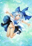  1girl blue_dress blue_eyes blue_hair blue_panties bow cirno colored_pencil_(medium) dress dress_lift fang hair_bow jumping mosho navel open_mouth outstretched_arms panties puffy_short_sleeves puffy_sleeves shirt short_sleeves skindentation smile solo touhou traditional_media underwear watercolor_(medium) 