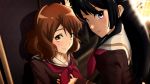  2girls black_hair brown_eyes brown_hair genya67 hand_on_another&#039;s_chest hibike!_euphonium highres inside kousaka_reina long_hair looking_at_viewer multiple_girls oumae_kumiko school_uniform serafuku short_hair smile violet_eyes wavy_hair yuri 