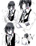  1boy black_hair black_nails collage cowl_(hoshino_kaoru) cravat crossed_arms dishwashing hair_between_eyes headdesk hoshino_kaoru nail_polish original red_eyes shirt short_hair sleeves_pushed_up solo squiggle vest washing 